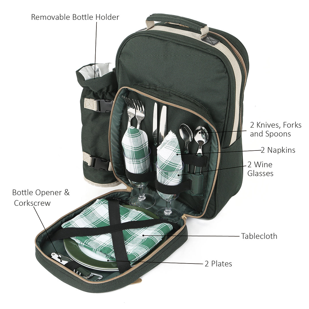 Greenfield Collection Luxury Forest Green Picnic Backpack Hamper for Two People - The Greenfield Collection