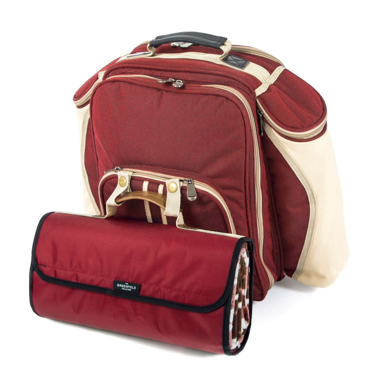 Greenfield Collection Super Deluxe Picnic Backpack Hamper for Four People with Matching Picnic Blanket - The Greenfield Collection