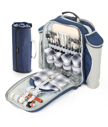 Greenfield Collection Deluxe Picnic Backpack Hamper for Four People with Matching Picnic Blanket - The Greenfield Collection