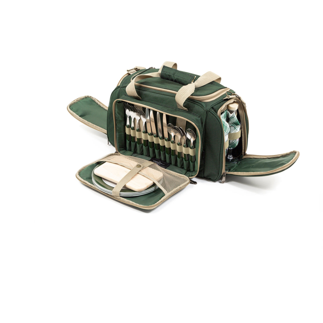 Greenfield Collection Deluxe Four Person Picnic Holdall in Forest Green - The Greenfield Collection