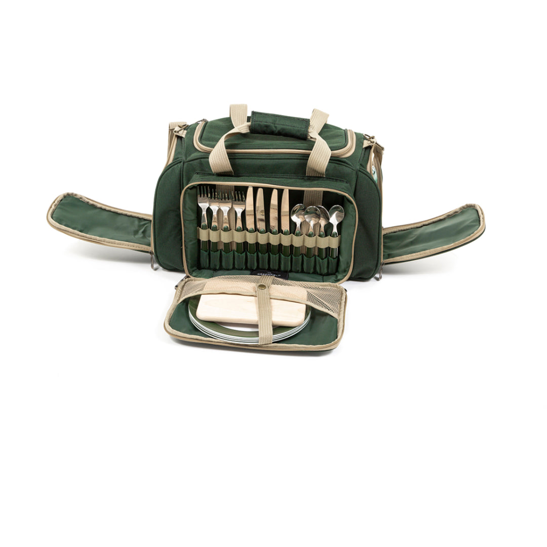 Greenfield Collection Deluxe Four Person Picnic Holdall in Forest Green - The Greenfield Collection
