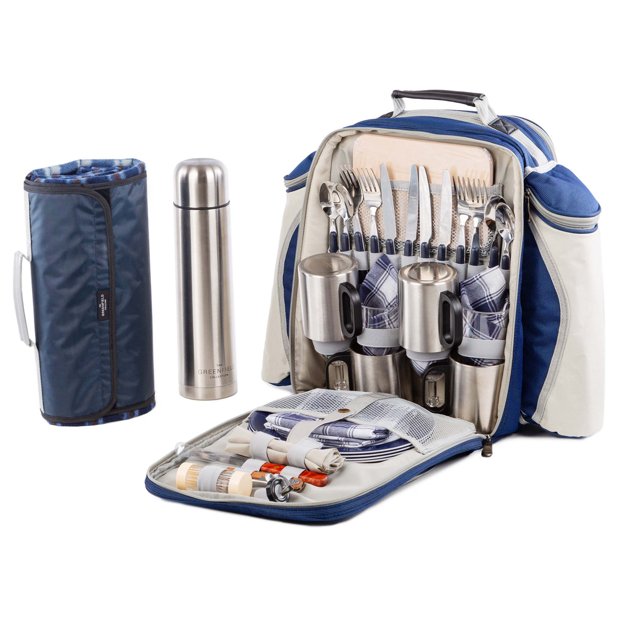 Greenfield Collection Super Deluxe Picnic Backpack Hamper for Four People with Matching Picnic Blanket - The Greenfield Collection