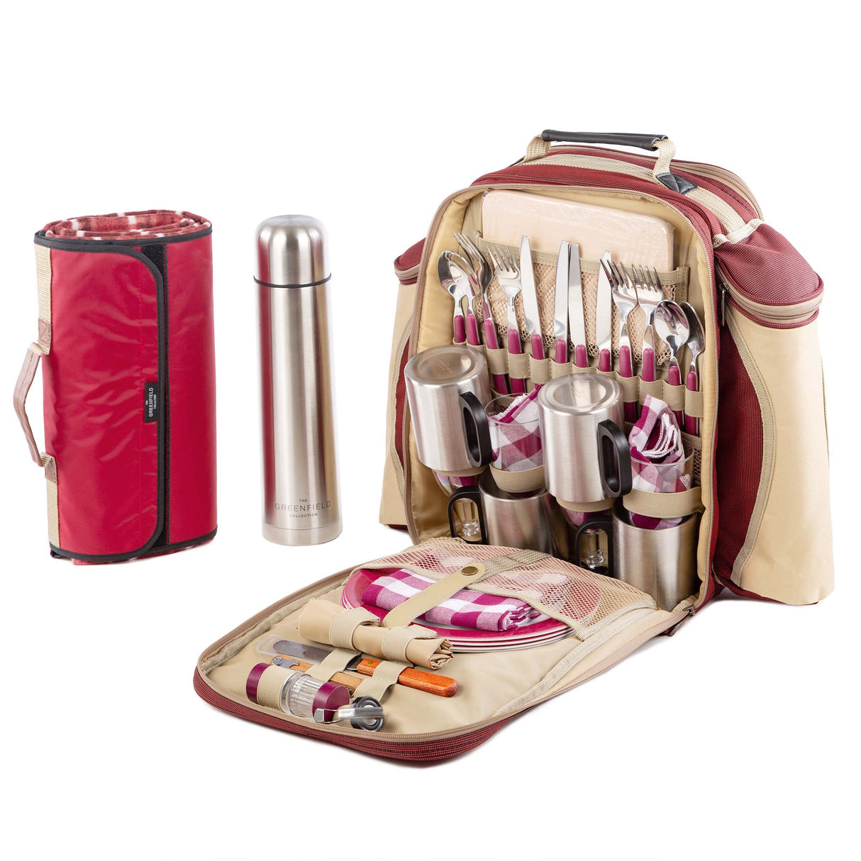 Greenfield Collection Super Deluxe Picnic Backpack Hamper for Four People with Matching Picnic Blanket - The Greenfield Collection