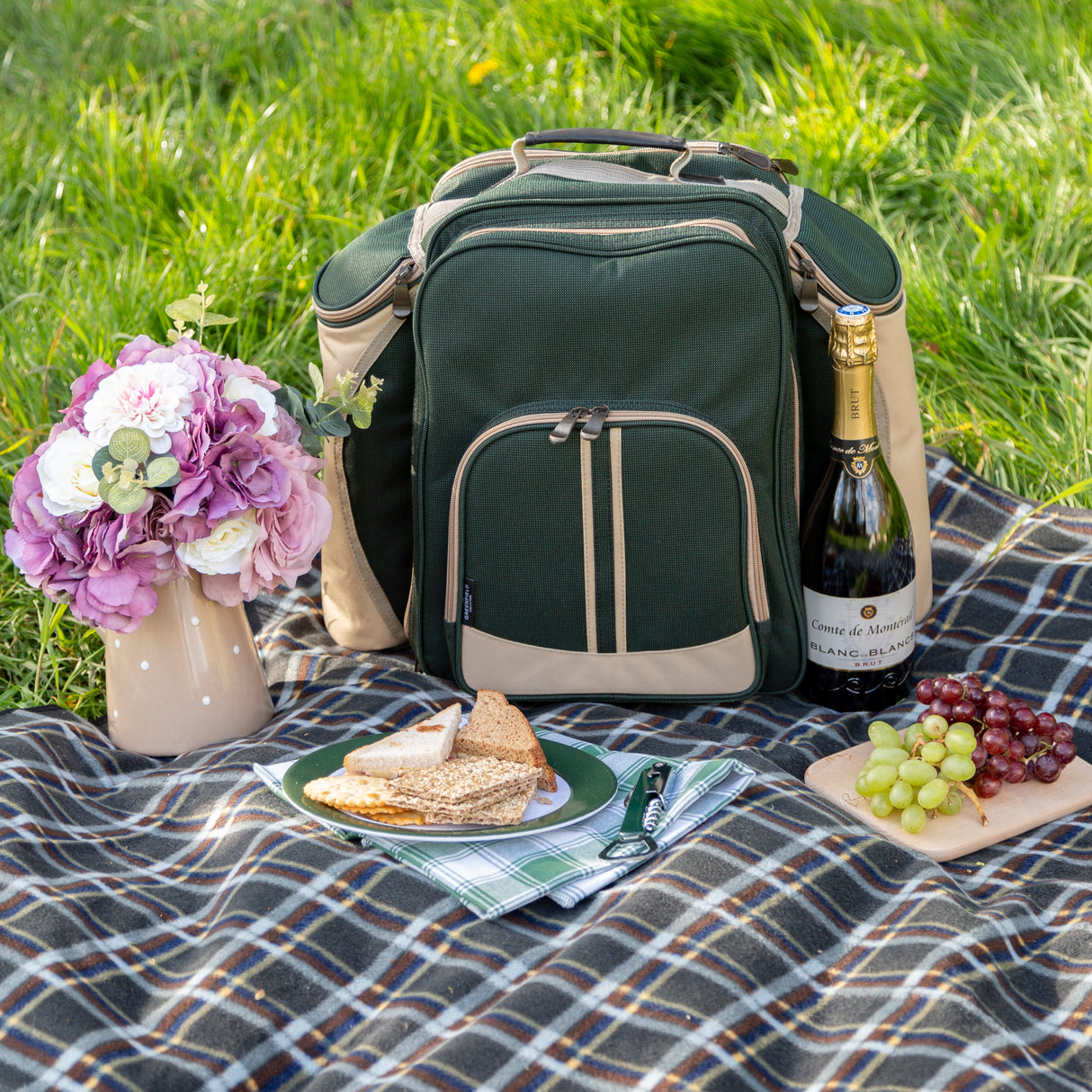 Deluxe Picnic Backpack Hamper for Two People with Matching Picnic Blanket - The Greenfield Collection