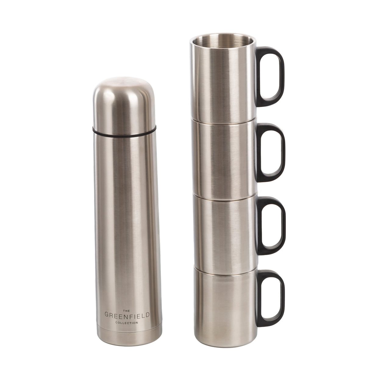Greenfield Collection Insulated Stainless Steel Flask and 4 Mugs - The Greenfield Collection