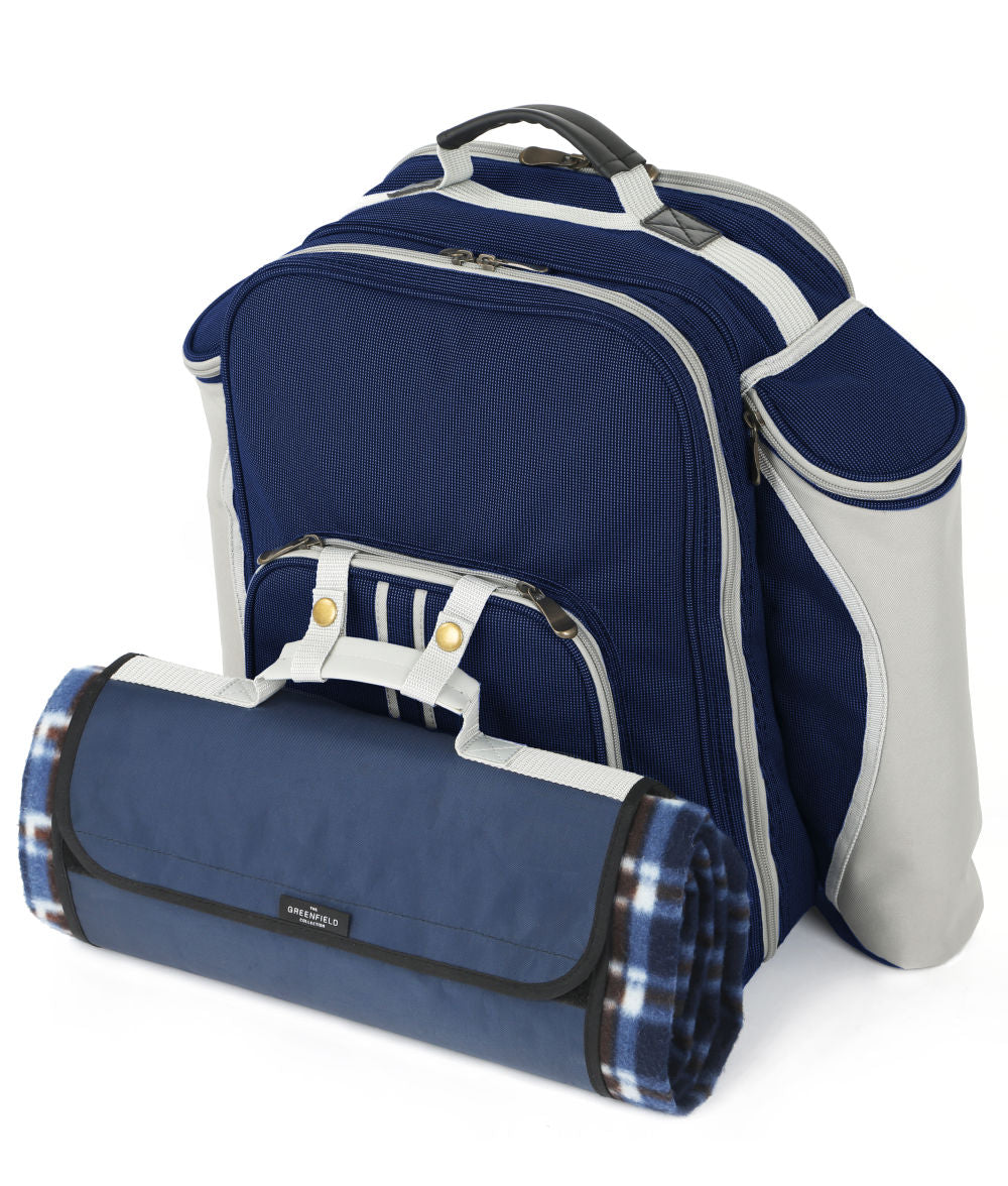 Greenfield Collection Super Deluxe Picnic Backpack Hamper for Four People with Matching Picnic Blanket - The Greenfield Collection