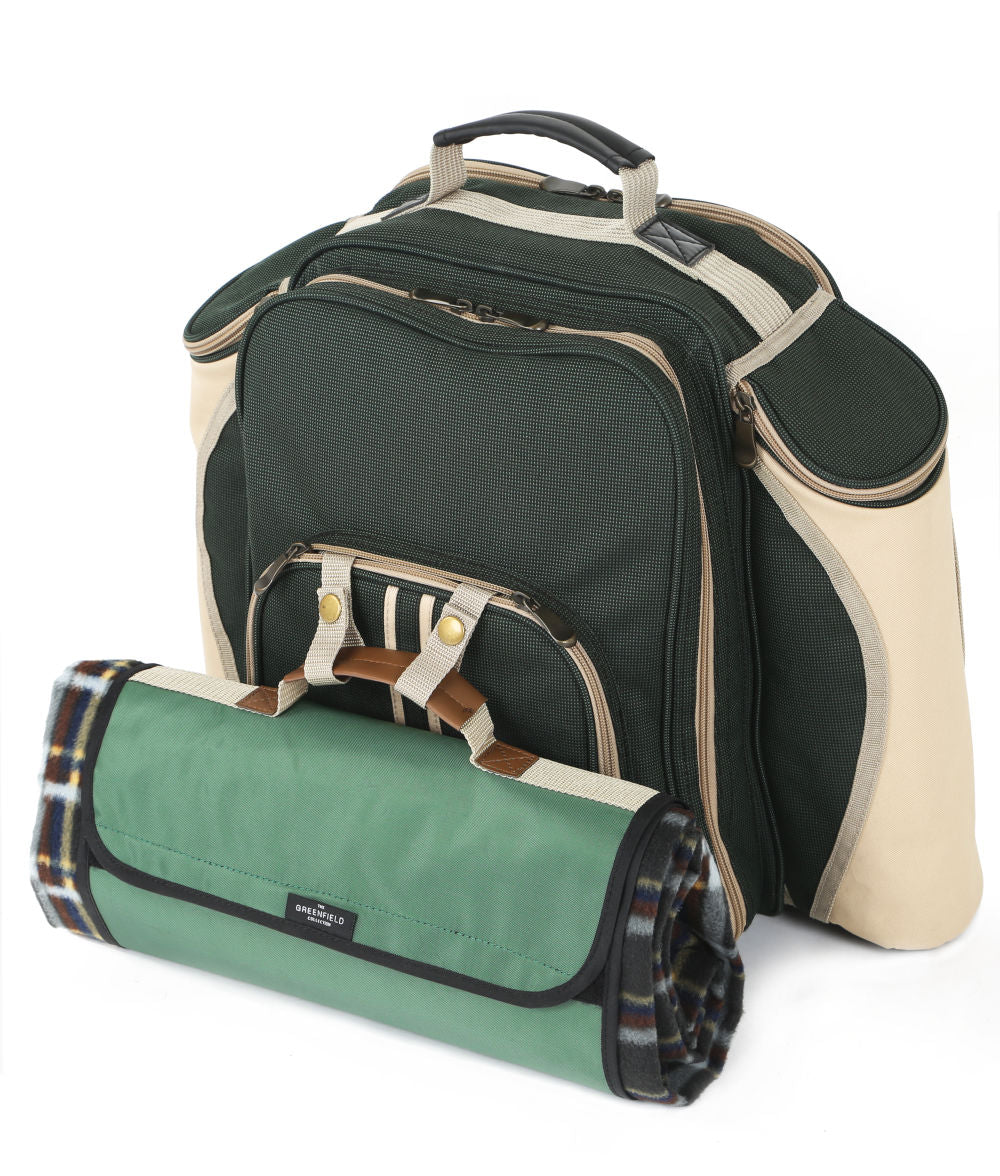 Greenfield Collection Super Deluxe Picnic Backpack Hamper for Four People with Matching Picnic Blanket - The Greenfield Collection