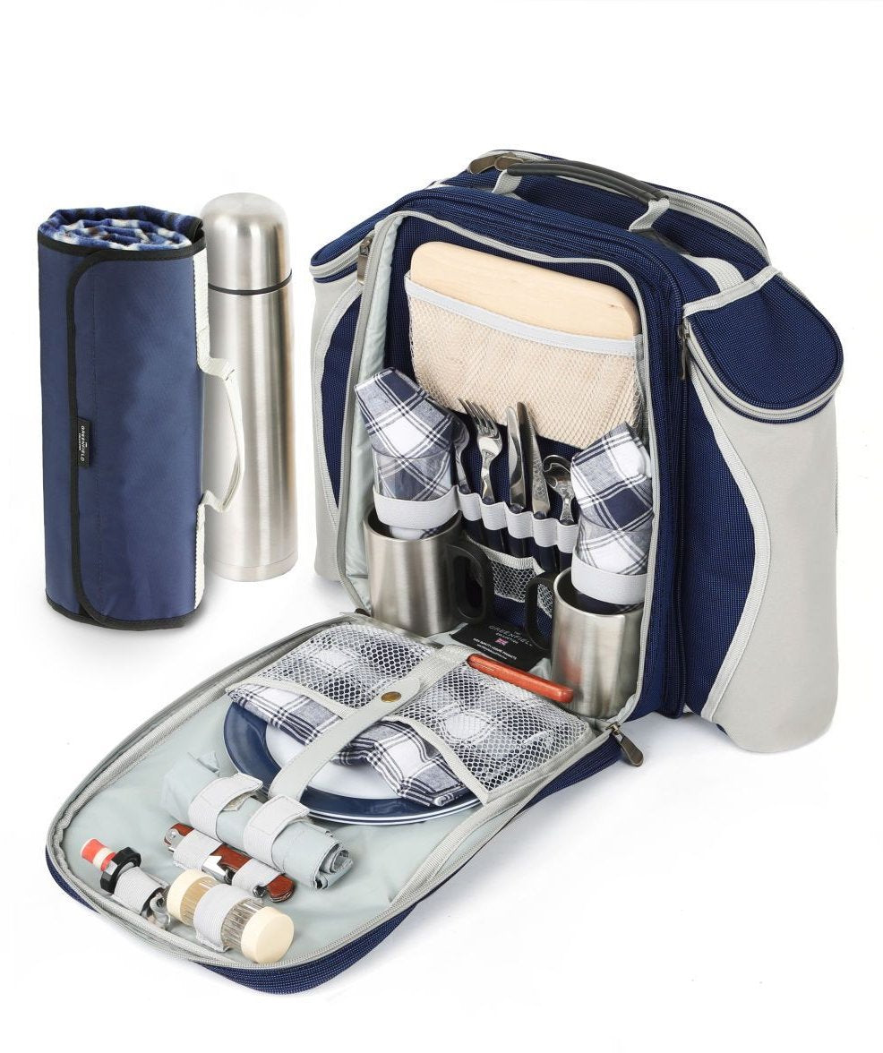 Greenfield Collection Super Deluxe Picnic Backpack Hamper for Two People with Matching Picnic Blanket - The Greenfield Collection