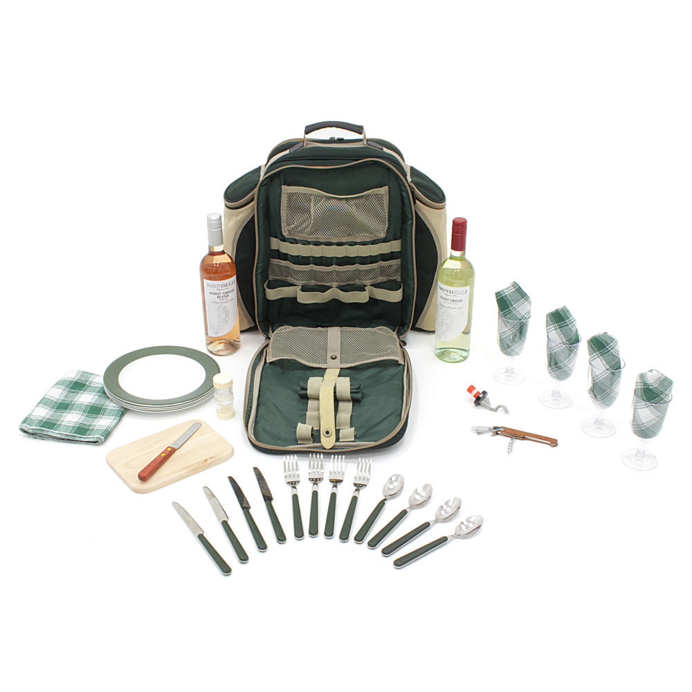 Greenfield Collection Deluxe Picnic Backpack Hamper for Four People with Matching Picnic Blanket - The Greenfield Collection