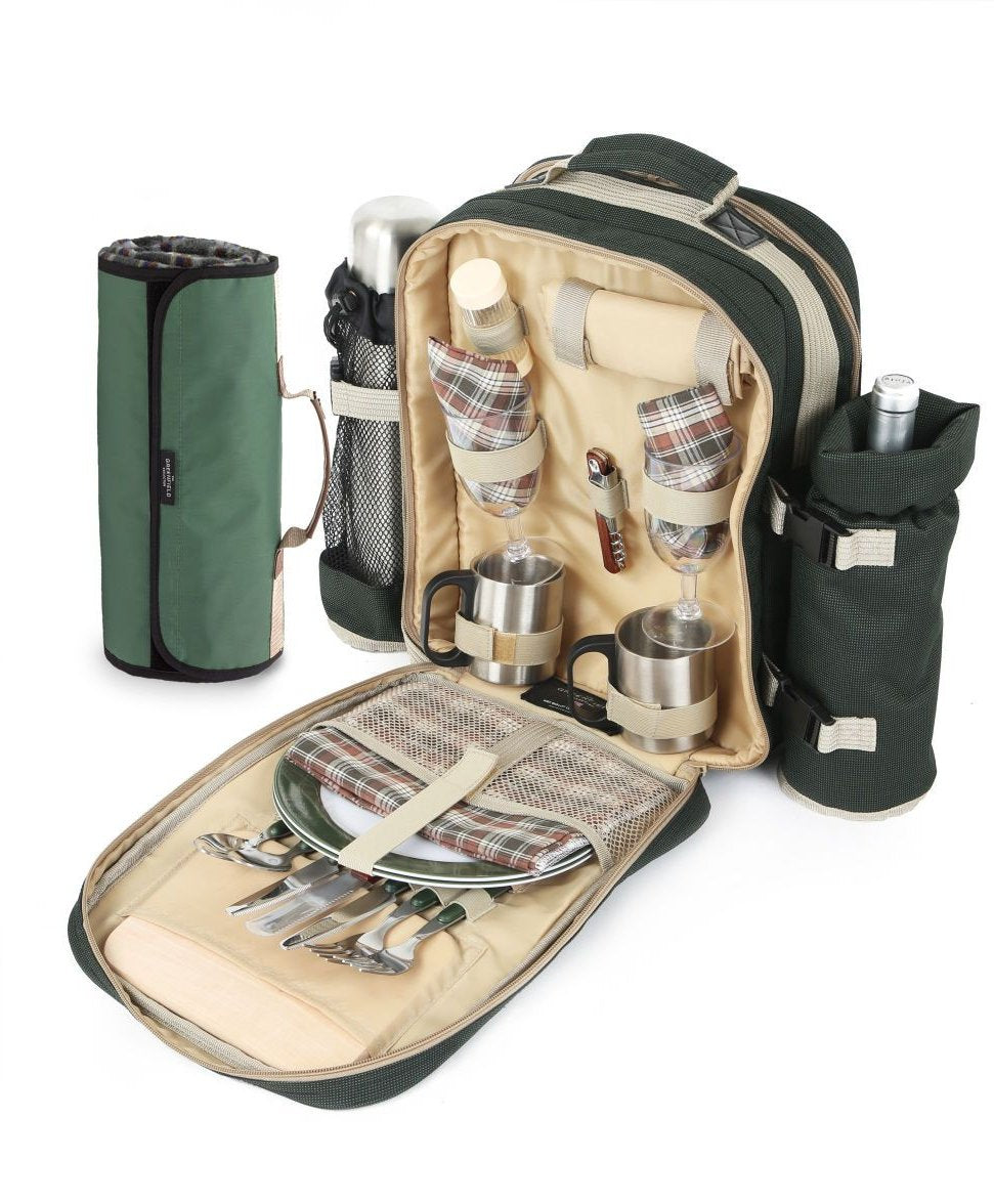 Greenfield Collection Super Deluxe Picnic Backpack Hamper for Two People with Matching Picnic Blanket - The Greenfield Collection