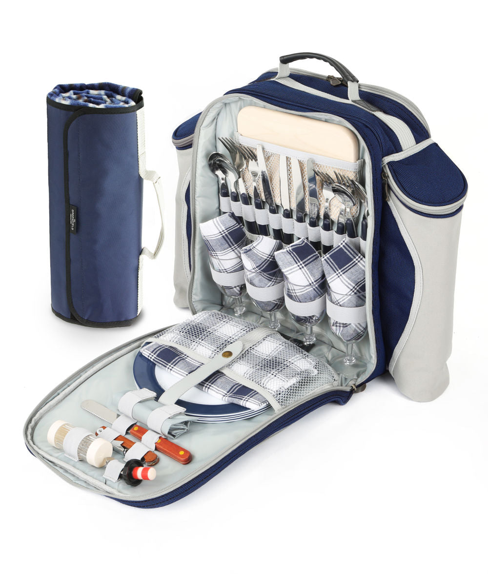 Greenfield Collection Deluxe Picnic Backpack Hamper for Four People with Matching Picnic Blanket - The Greenfield Collection