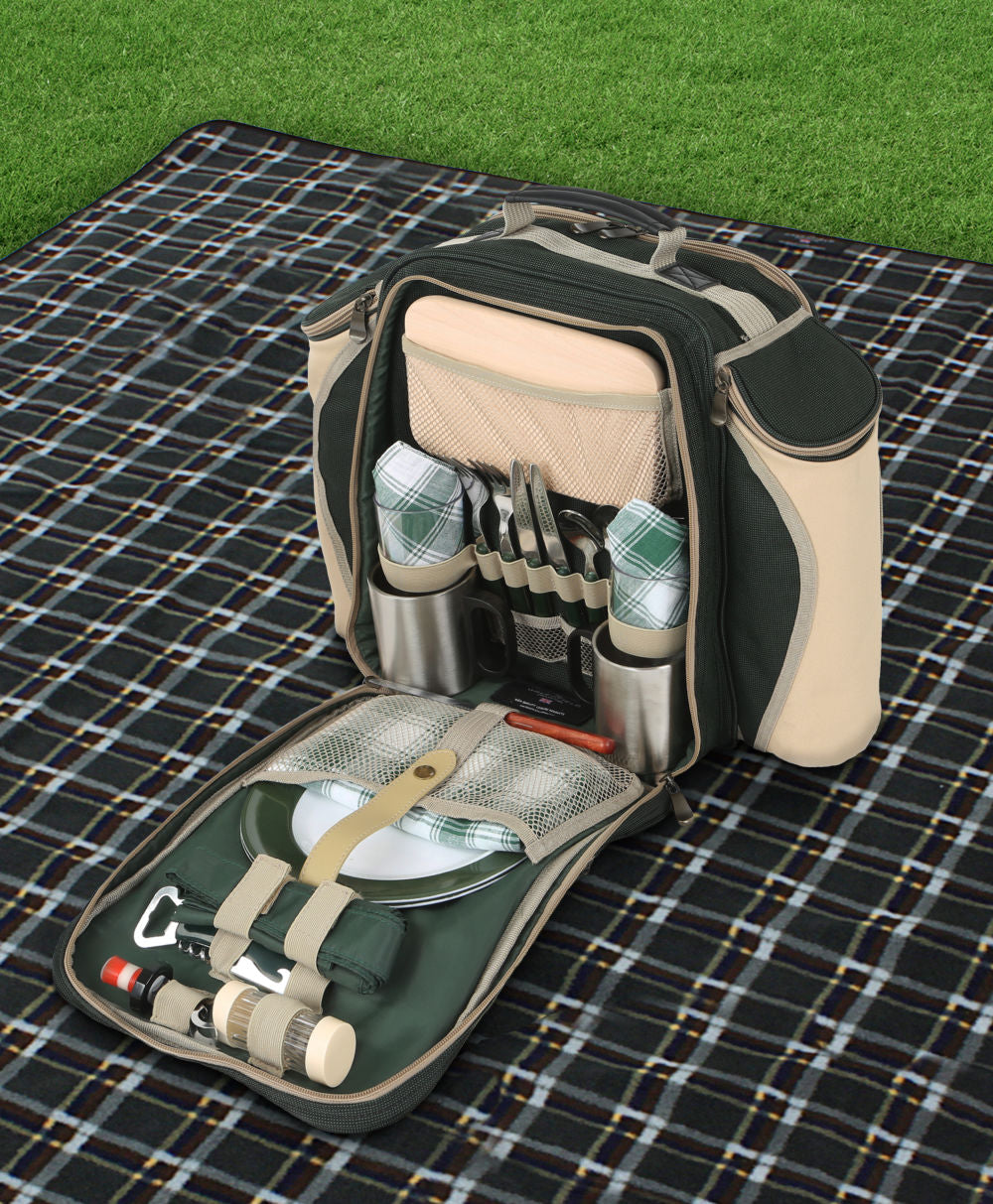 Greenfield Collection Super Deluxe Picnic Backpack Hamper for Two People with Matching Picnic Blanket - The Greenfield Collection