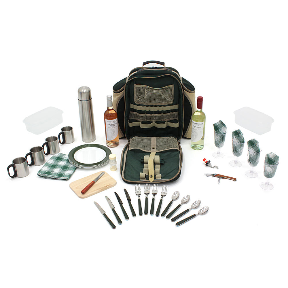 Greenfield Collection Super Deluxe Picnic Backpack Hamper for Four People with Matching Picnic Blanket - The Greenfield Collection