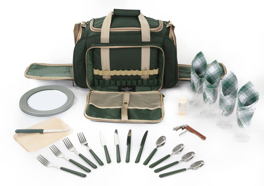 Greenfield Collection Deluxe Four Person Picnic Holdall in Forest Green - The Greenfield Collection