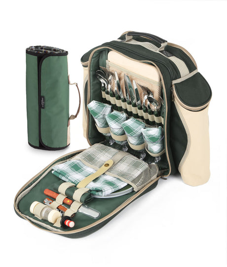 Greenfield Collection Deluxe Picnic Backpack Hamper for Four People with Matching Picnic Blanket - The Greenfield Collection