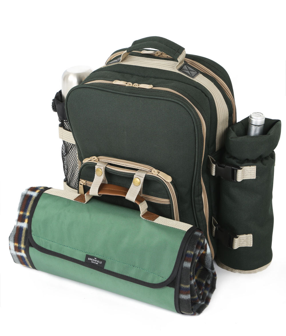 Greenfield Collection Super Deluxe Picnic Backpack Hamper for Two People with Matching Picnic Blanket - The Greenfield Collection