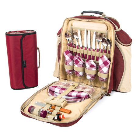 Greenfield Collection Deluxe Picnic Backpack Hamper for Four People with Matching Picnic Blanket - Greenfield Collection