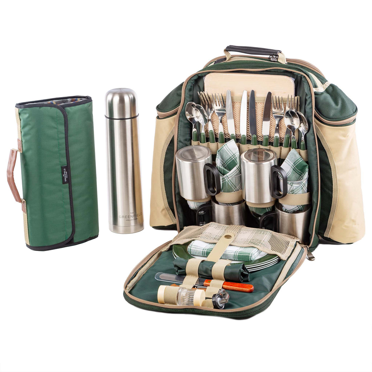 Greenfield Collection Super Deluxe Picnic Backpack Hamper for Four People with Matching Picnic Blanket - Greenfield Collection