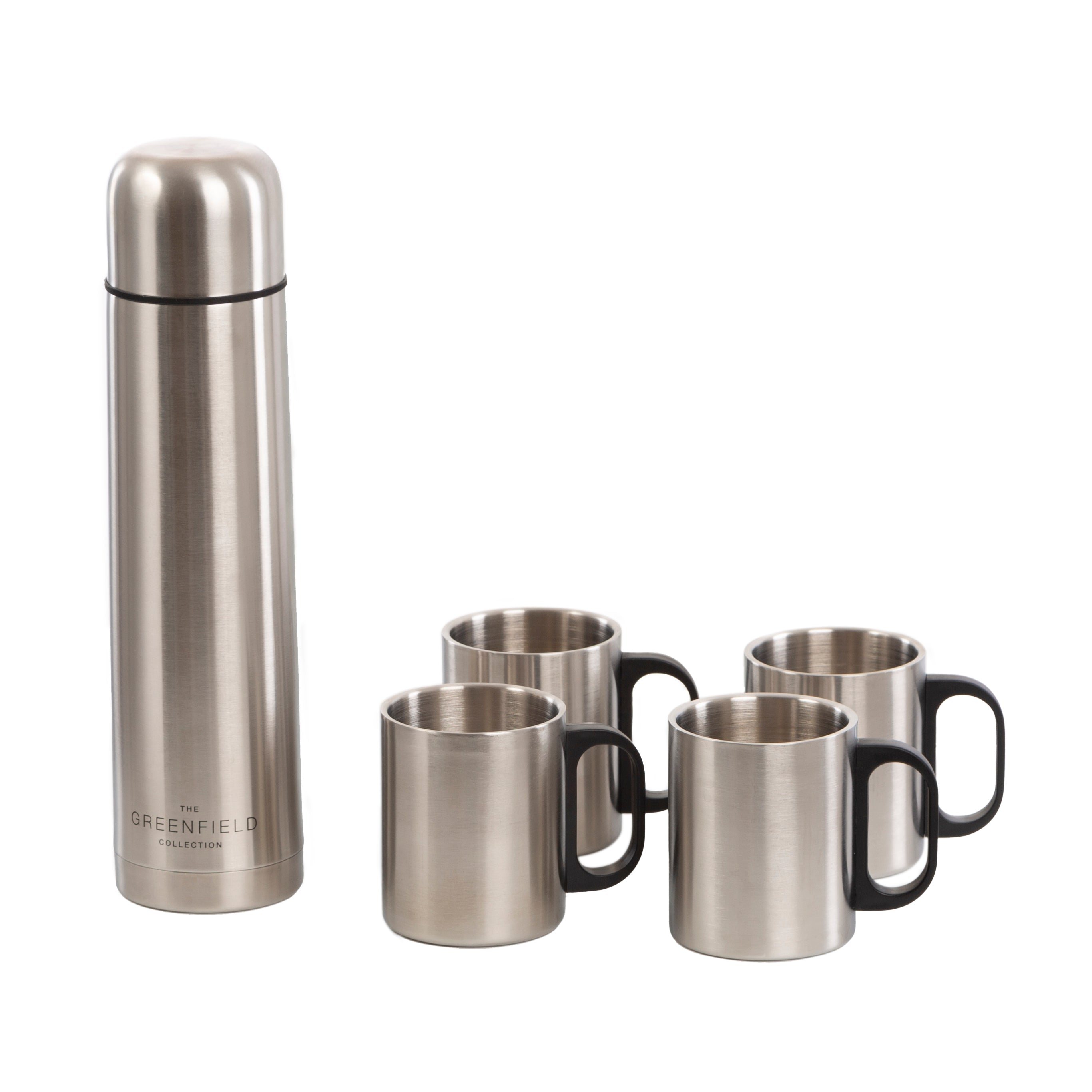 Insulated Stainless Steel Flask and 4 Mugs Greenfield Collection