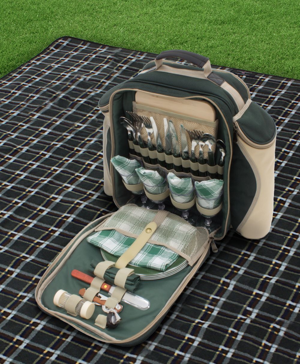Greenfield Collection Super Deluxe Picnic Backpack Hamper for Four People with Matching Picnic Blanket - The Greenfield Collection